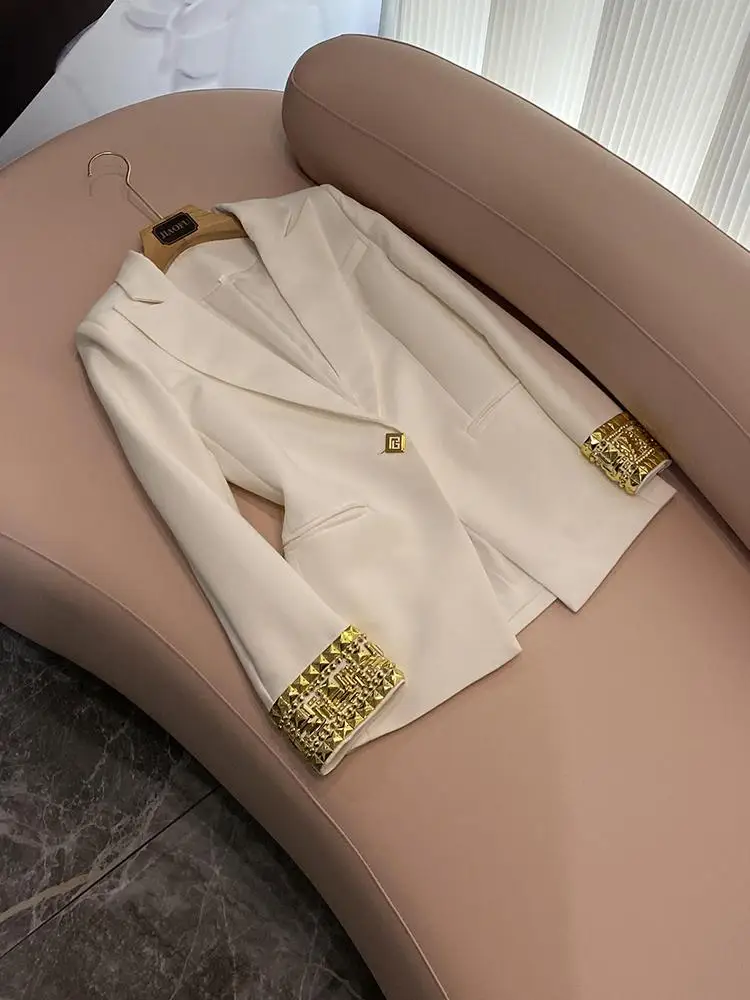 Witte Manchet Zware Verfraaid Een Knop Midi Lengte Damespak Jaet Commute Sle Slim Fit Lange Sve Pure Kleur A833