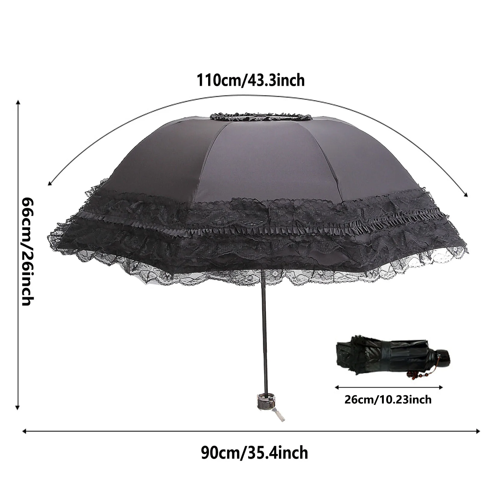 Paraguas para sol y lluvia para mujer, sombrilla plegable de encaje UV con revestimiento negro, protección de moda