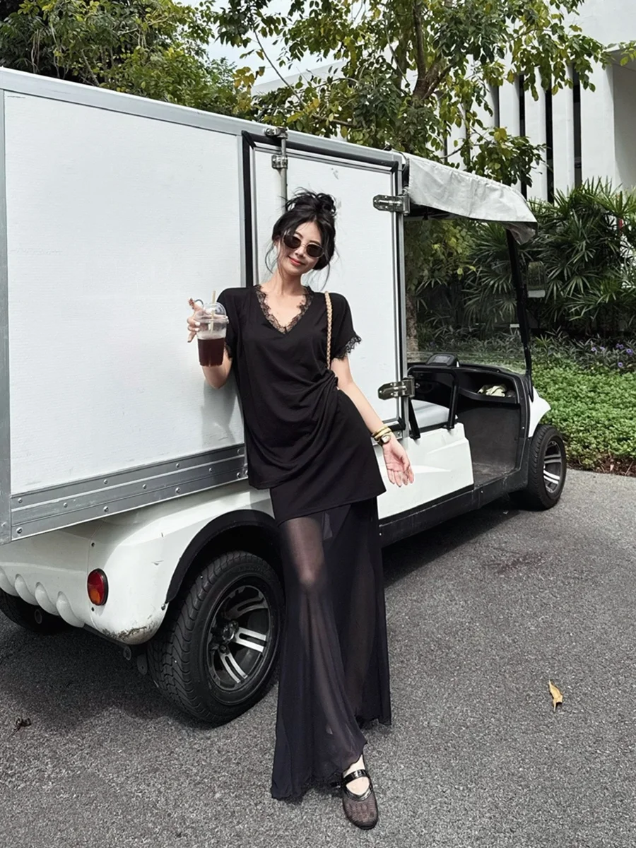 

Черный кружевной топ с V-образным вырезом и короткими рукавами, женский летний сексуальный комплект, элегантная юбка-рыбий хвост, комплект из двух предметов