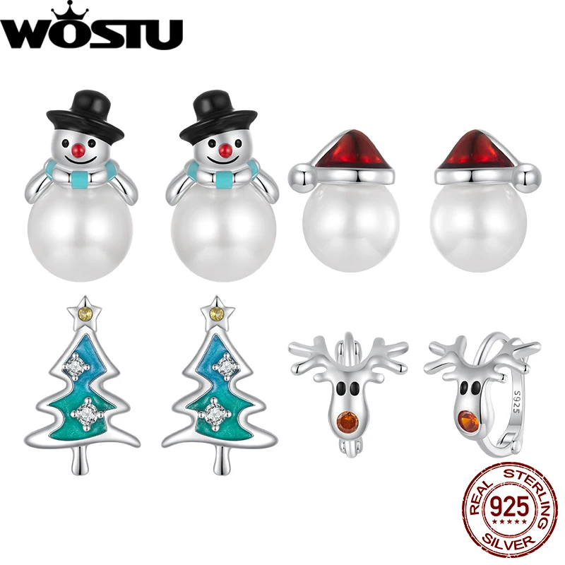 

WOSTU 925 Sterling Silver Christmas Hat Pearl Earrings Snowman Christmas Tree Ear Stud Reindeer Hoop Earrings New Year Gift