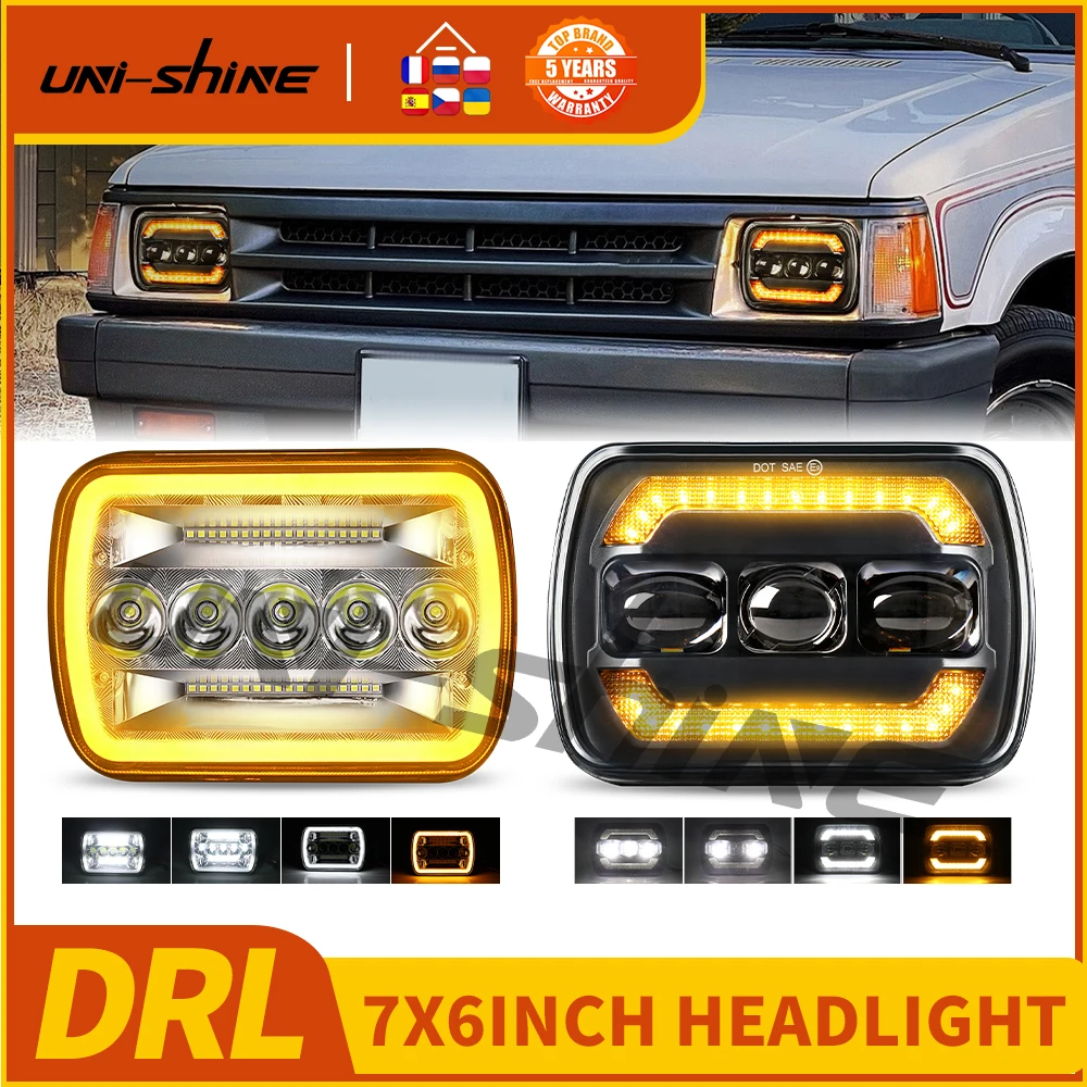 UNISHINE Quadrato 7x6 5x7 pollici Lampada frontale a LED con raggi alti e bassi Indicatori di direzione ambra DRL Fari a LED per camion fuoristrada 4x4 12V 24V