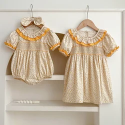 Famil Matching Sister Outfit Summer Baby Girl Clothes Ruffled Collar Lace Flower Girls Dress Cotton Baby Romper Princess Dress