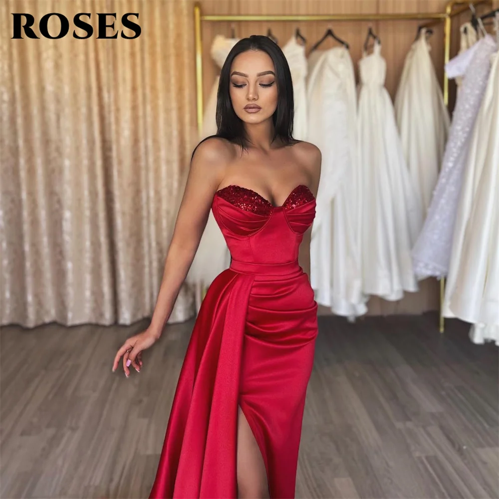 ROSES-Robe de Rhsirène pour occasions spéciales, robe de soirée élégante, robe fendue sur le côté, perles de tache, célébrité, rouge