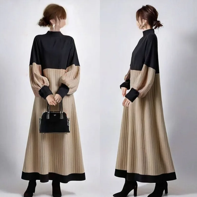 Ele Bla T-shirt col haut i couleur bande élastique Dr femmes Faion transfrontalier japonais Sle épissage Dr