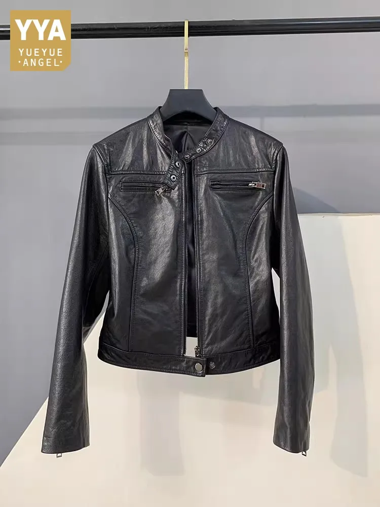 Autumn Fashion Genuine Leather Women Short Jacket Stand Collar Zipper Coat Top Work Lady Slim Fit Jackets Casual Black Outerwear