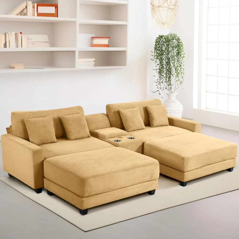 

Oversized Sectional Sofa Couch with 2 Ottomans, 111.8" Corduroy Fabric U Shaped Couch, Modern Sofa Set with Cup Holders, Storag