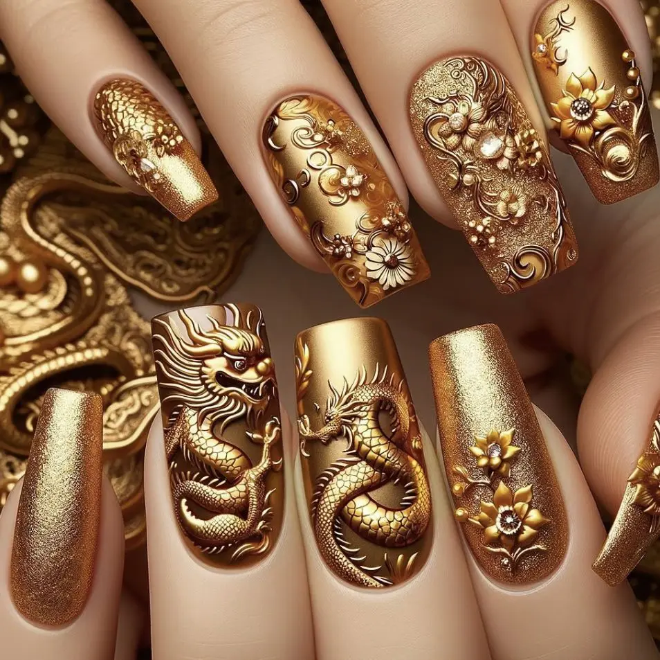24 Uñas Postizas Medianas y Largas con Diseño de Dragones Amarillos, Flores y Plumas, para Primavera y Verano, Puntas Almendra Cuadradas 2