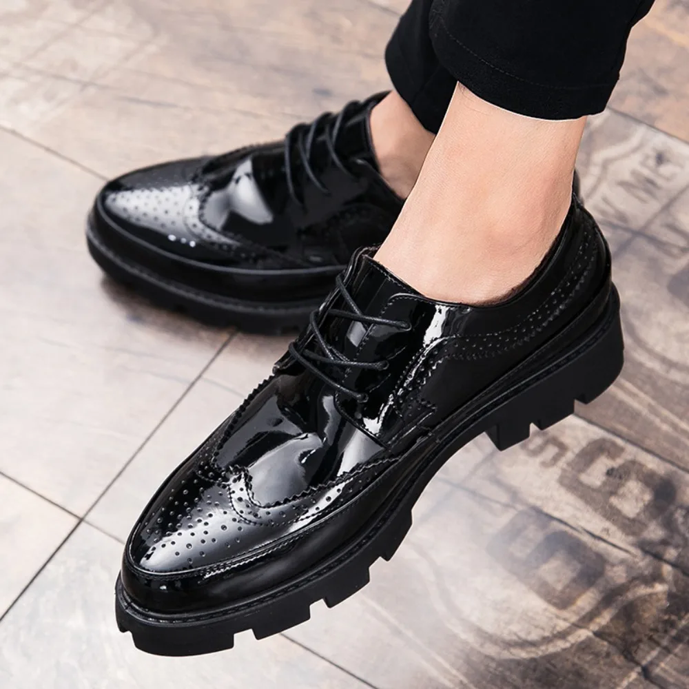 Leather Shoes Men's Thick Soles Increase British Style Brock Business Dress Black Senior Sense Wedding Groom Shoes Yards