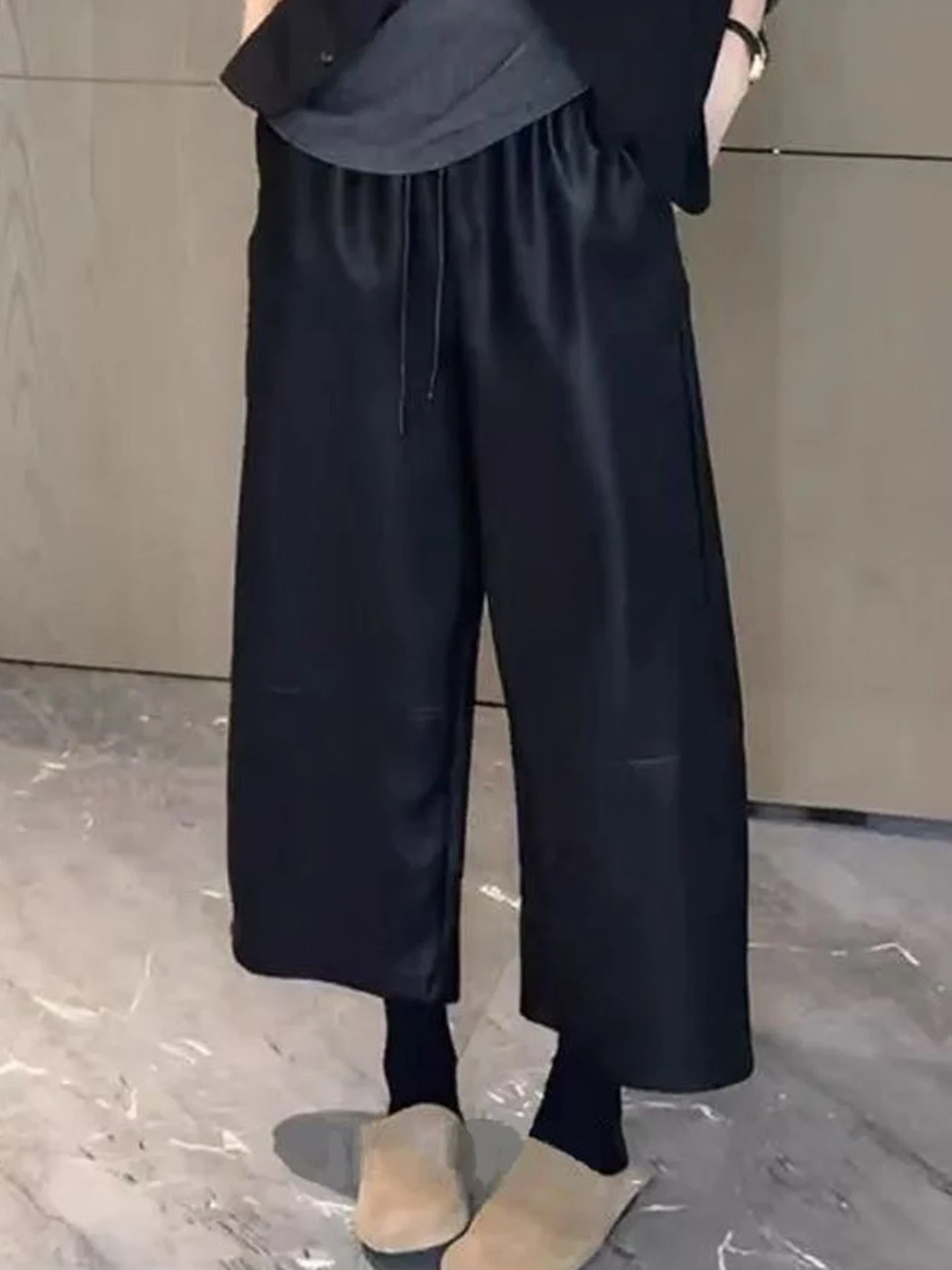 Fashionable Korean Style PU Leather Pants Casual High Waist Elastic Waist Nine Points Women's Autumn New Small Size Trendy