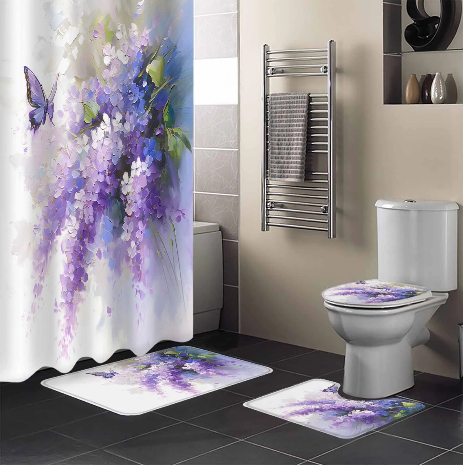 Oil Painting Purple Lavender Butterfly Shower Curtain Set Non-Slip Rugs Bath Mat Toilet Lid Cover Waterproof Bathroom Curtain