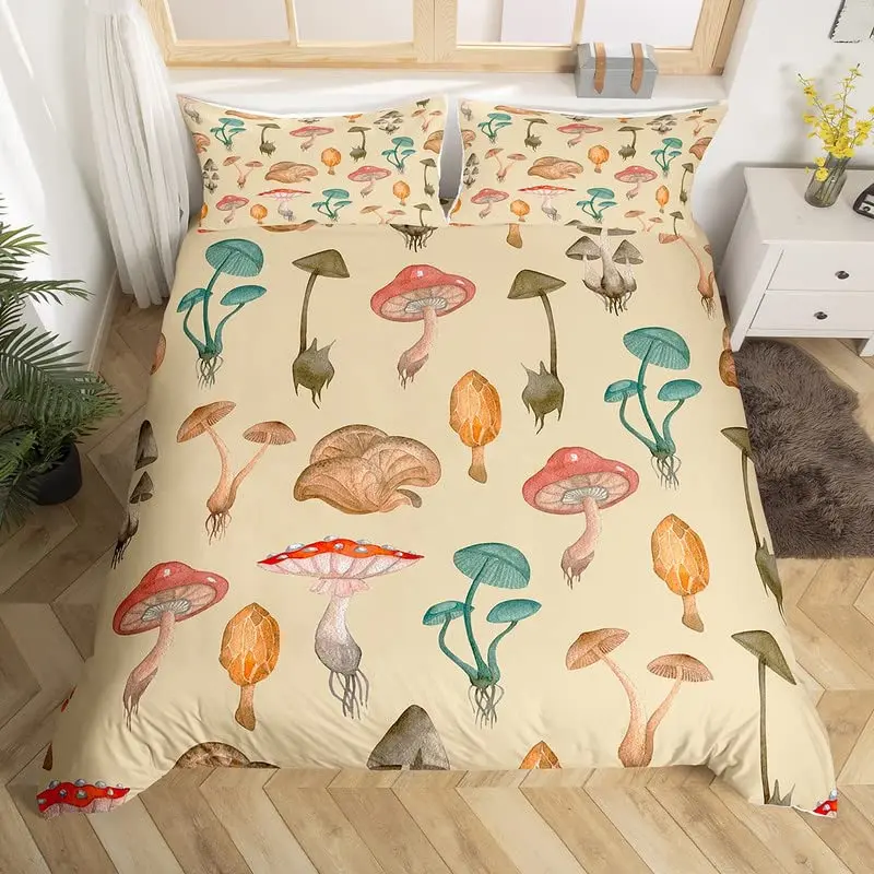 

Mushroom Duvet Cover Watercolor Fungus Bedding Set Wild Botanical Comforter Cover Set Retro Leaf Pattern Polyester Quilt Cover