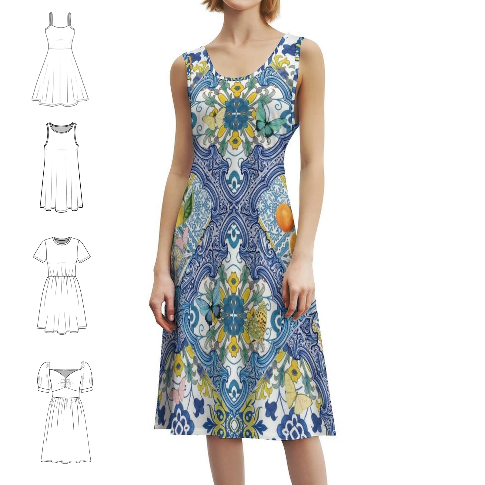 

Средиземноморские синие плитки, итальянские цитрусовые фрукты, апельсины, винтажное богемное платье с пышными рукавами или варианты без рукавов для женского платья