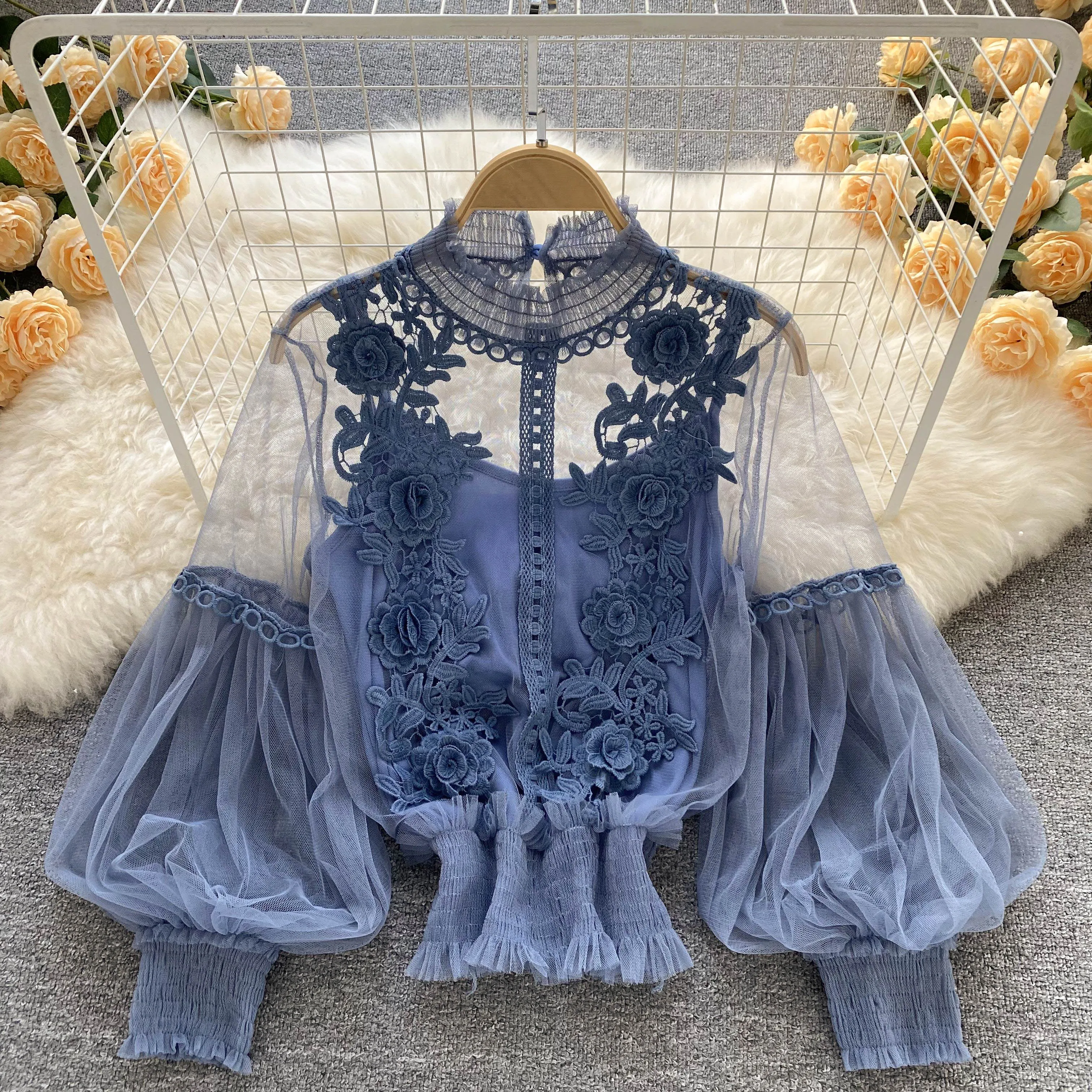 Elegant Lace Gauze Patchwork Long Sleeve Blouse Chic Vintage Korean Fashion Crop Top Women Autumn Shirts Gothic Clothing