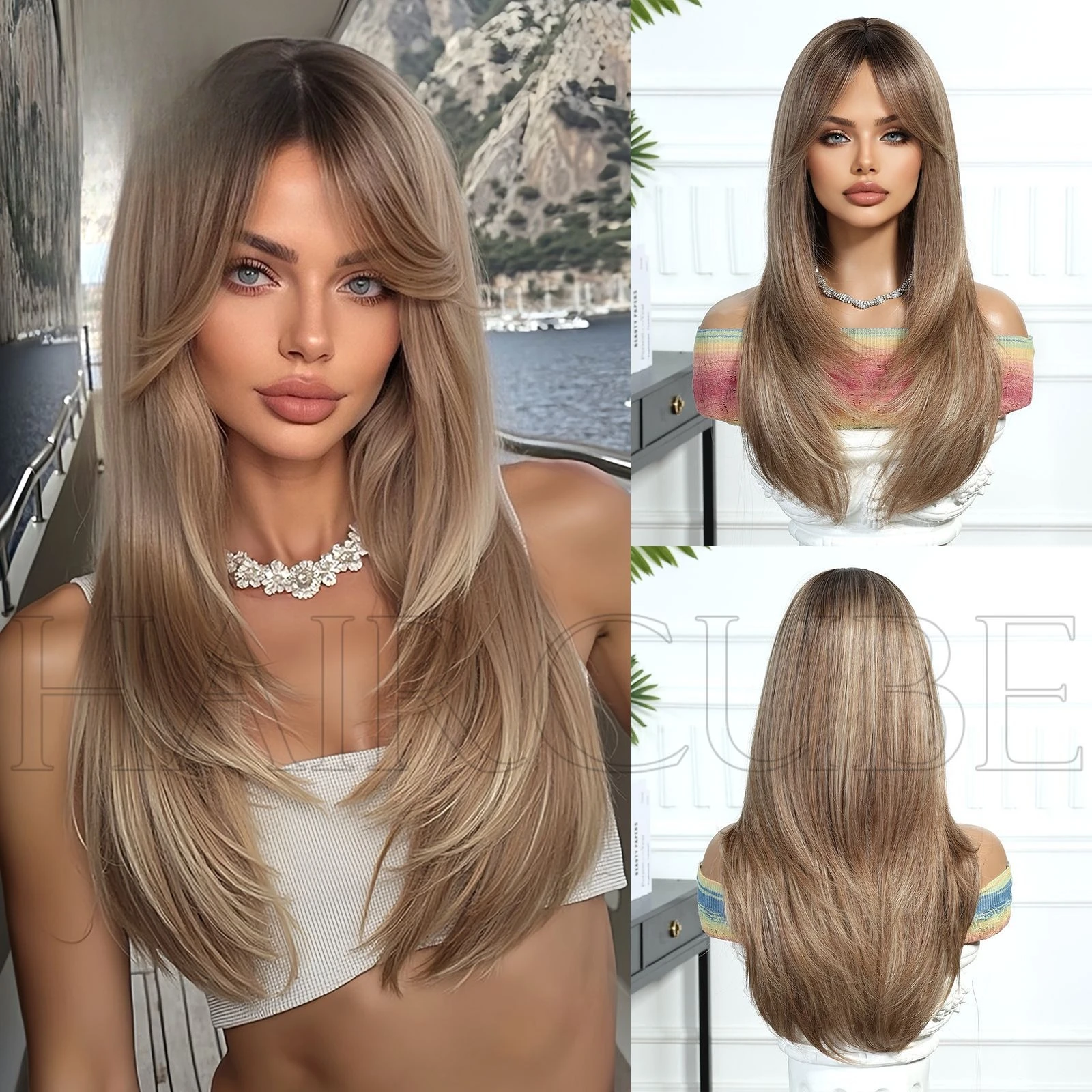 

European and American wigs, headgear, natural chemical fiber wigs, blond long straight hair layers, medium eight-character bangs