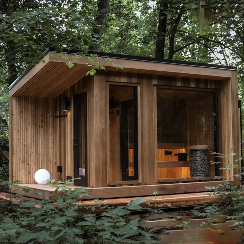 Red Cedar Sauna Cabin, Solid Wood Outdoor Sauna Shower Combo, Electric Stove Heater, 2-10 Person Backyard Sauna Room view 5