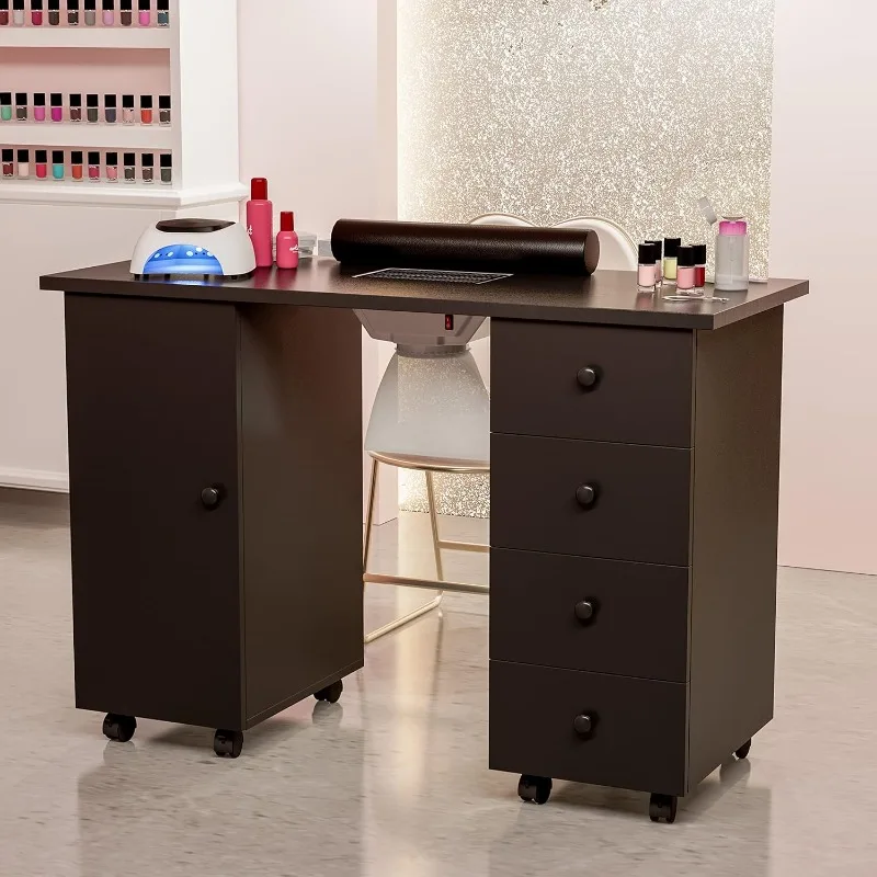 

Manicure Table Nail Station, Nail Desk Workstation Nail Art Equipment w/Dust Collector, Wrist Cushion, Lockable Wheels