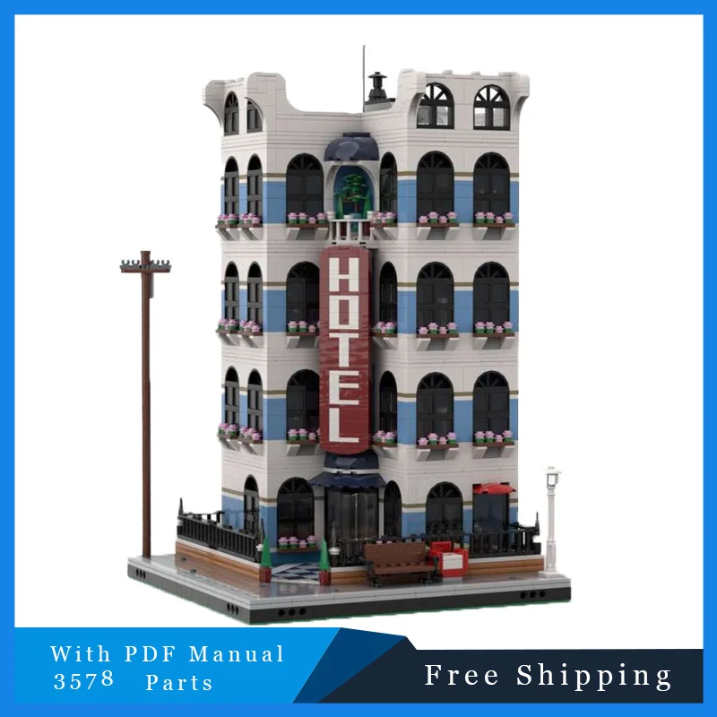 

3578 шт., технические Moc Bricks, модель с видом на улицу, угловой отель, модульные строительные блоки, подарочная игрушка для детей, набор для сборки модели
