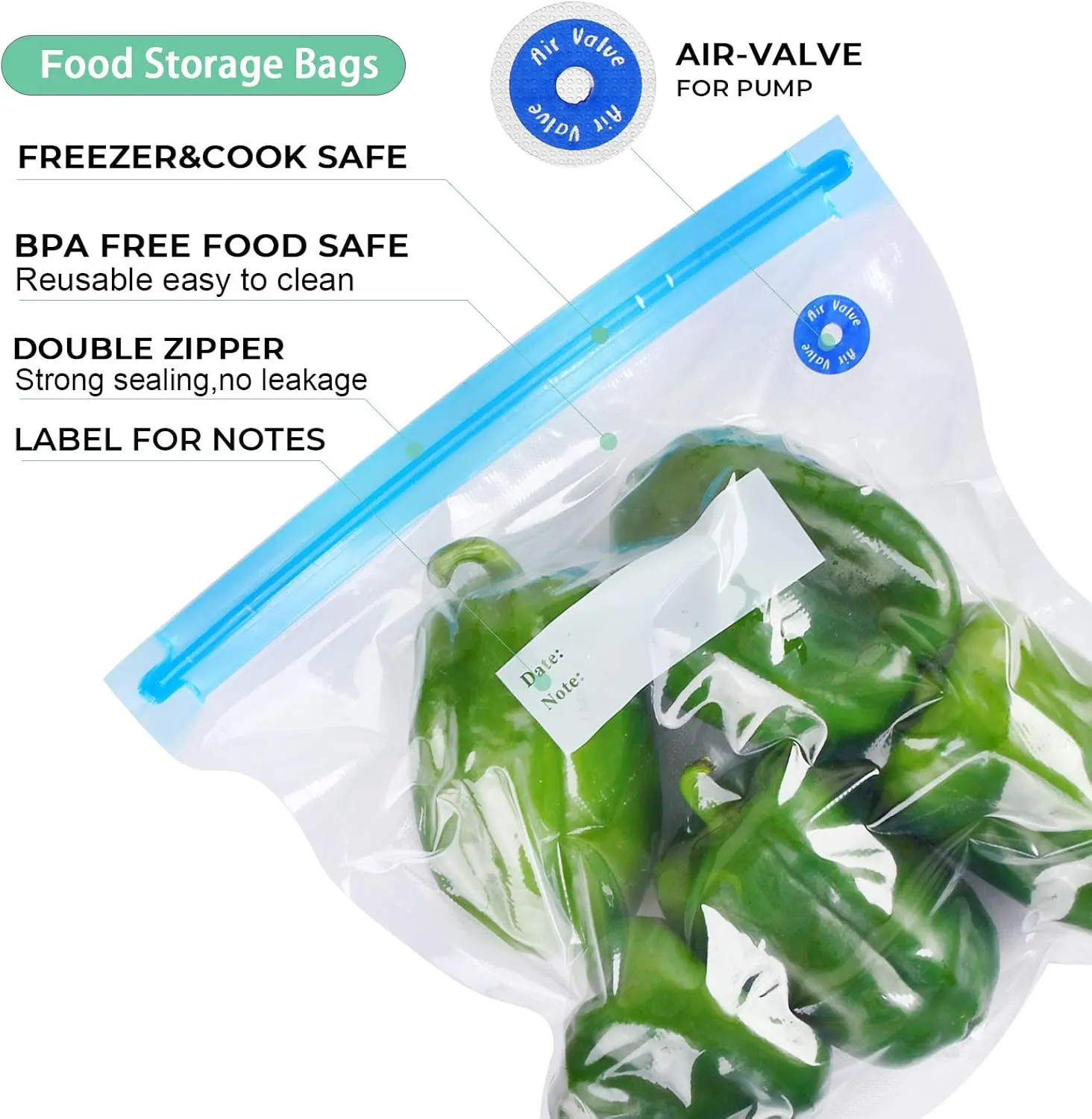 Reusable Vacuum Sealer Bags Vacuum Food Storage Bags Freezer Safe Vacuum Food Storage Bags with USB Pump and Clips