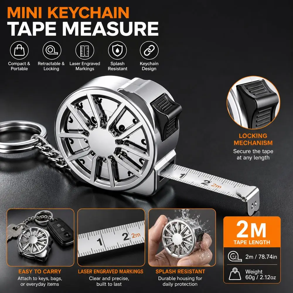 2M Keychain Tape Measure Laser Engraved Markings Waterproof Mini Tape Measure Locking Mechanism Electroplated Metal