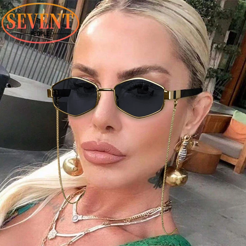 

Sexy Small Frame Hexagon Sunglasses Women 2025 Luxury Brand Designer Trendy Punk Sun Glasses For Ladies Metal Eyewear Chain