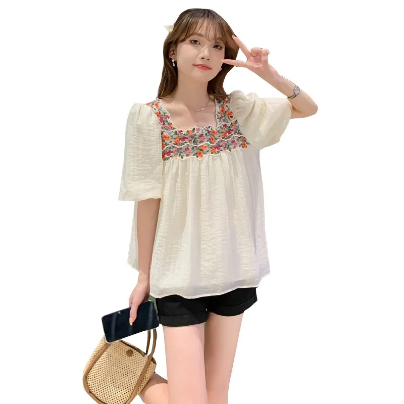 2025 Nuovo ricamato stile etnico allentato maternità Top camicia estiva in chiffon da donna incinta collo quadrato maternità Top LF020