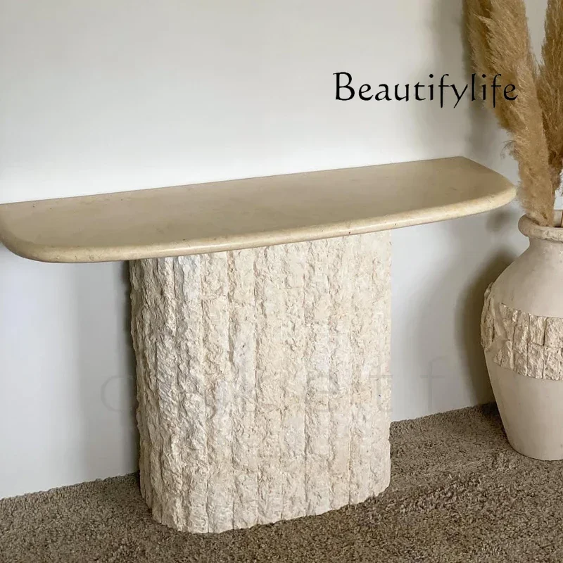 N40 Wabi Sand Wind Creative Natural Travertine Entrance Table Designer Villa Home Living Room High-end Marble Desk