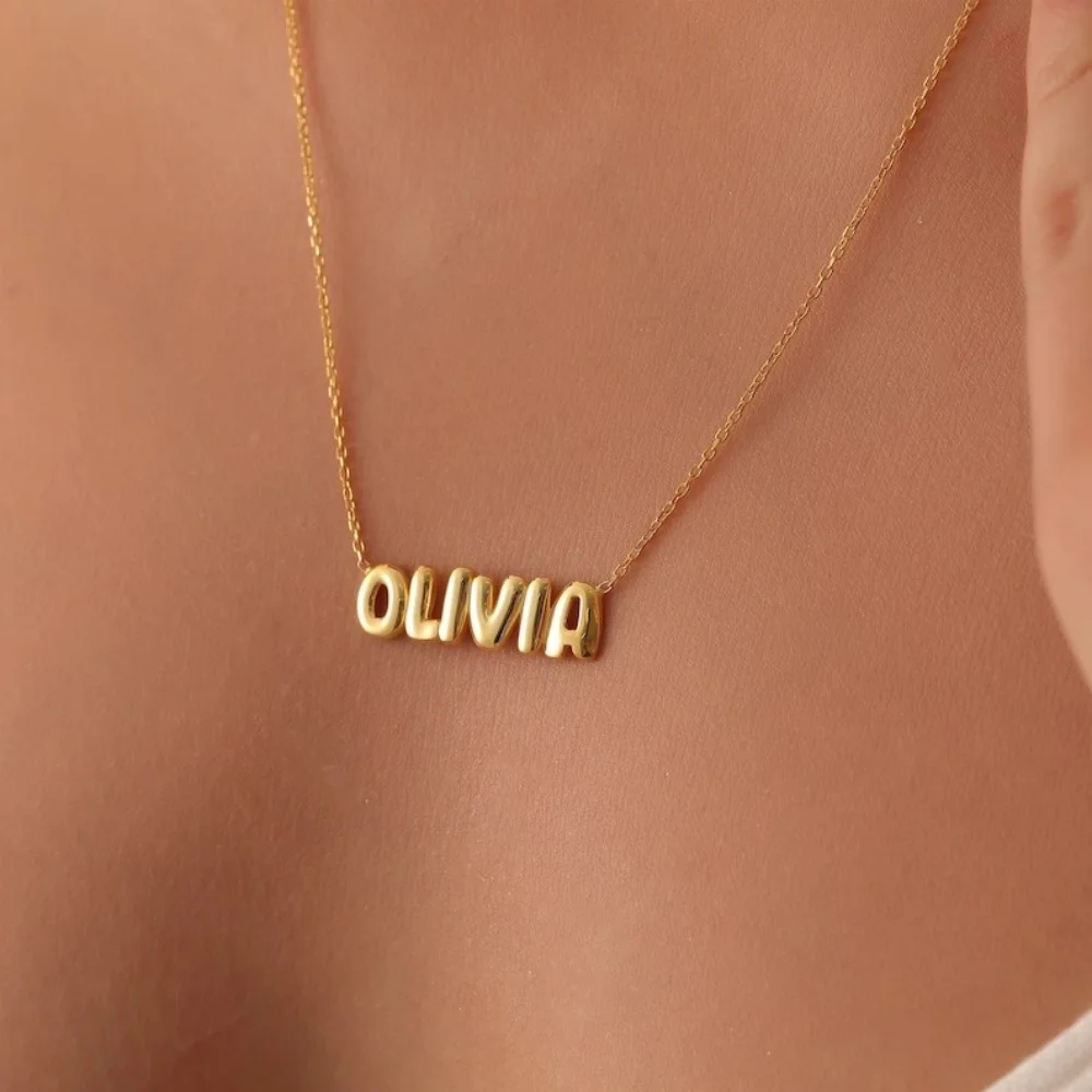 LeeChee 925 Silver 3D Balloon Custom Name Necklace Personalized Bubble Name Puff Necklace Mother's Day Jewelry Gift