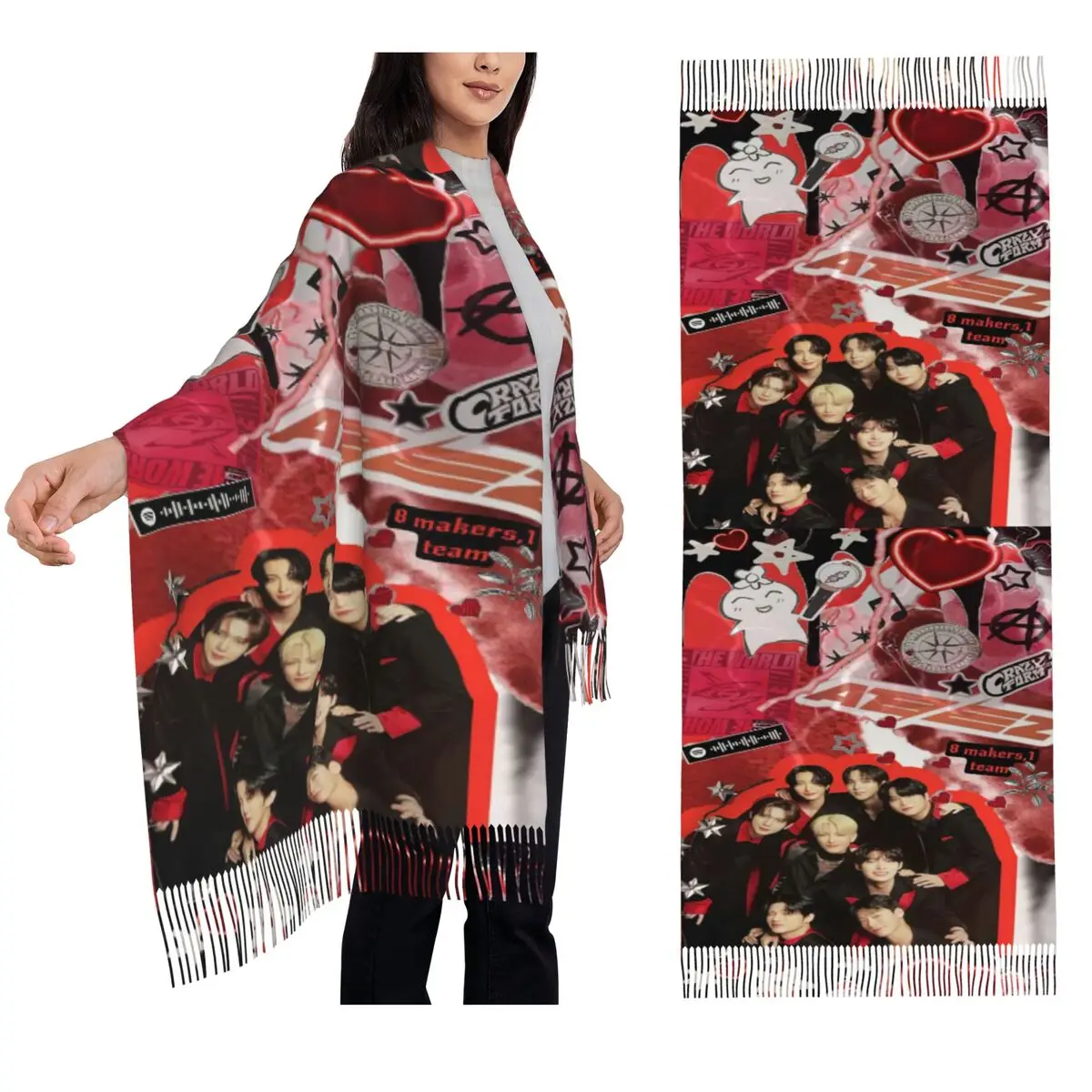 Kpopスター歌手アイドルATEEZ ATINYスカーフタッセル付きスカーフ女性用ソフトで暖かいショールとラップ大型秋冬ショールラップ