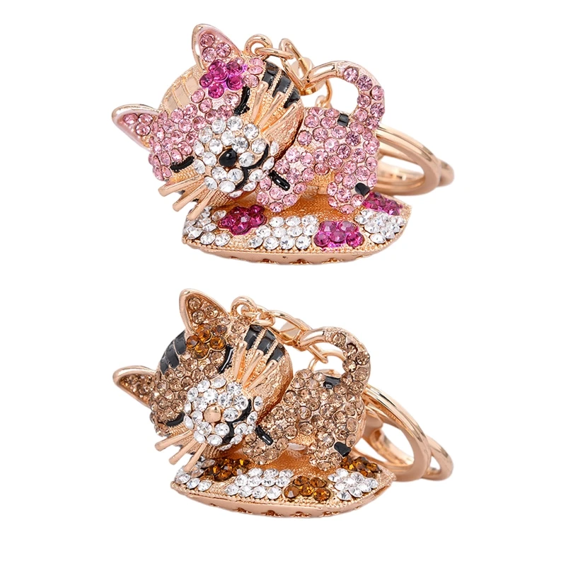 for Cat Keychain Metal for Rhinestone Crystal Kitten for Key Chain Women Bag Pendant Purse Handbag Pendant Car for Key X3UC