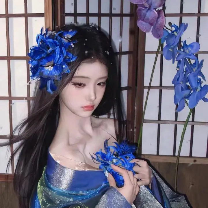Blue Simulated Artificial Head Flowers Ancient Female Headdress Retro Photography Party Headwear Hair Accessories