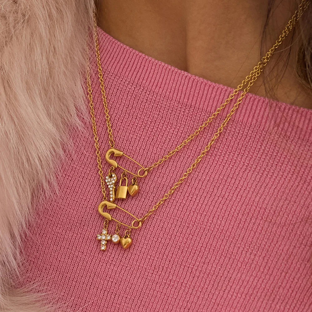 Light luxury multi-pendant safety pin necklace shiny zircon cross heart lock key pendant thin gold chain women's date jewelry