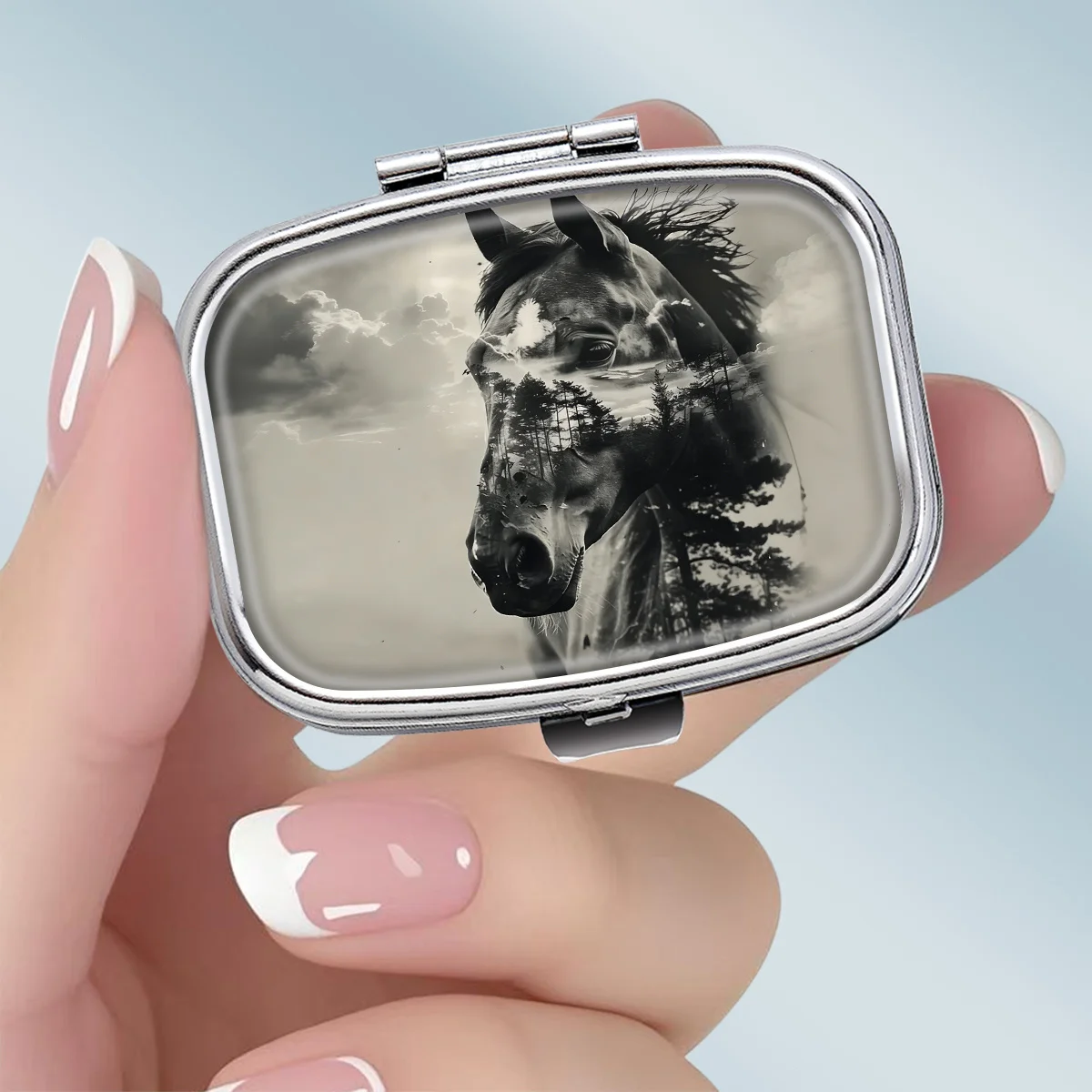 Portable Square Metal Pill Box, Featuring a Double-Layered Design with a Horse and Wilderness Theme, 2 Compartments, Perfect for Elegantly Storing Your Medications or Supplements. It Is Perfect for Sorting Vitamins and Storing Small Items.