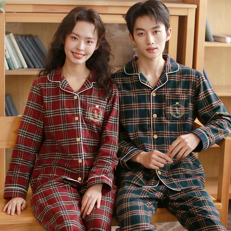 

Autumn and winter couple sleepwear, pure cotton brushed set, checkered embroidery long sleeved casual home wear