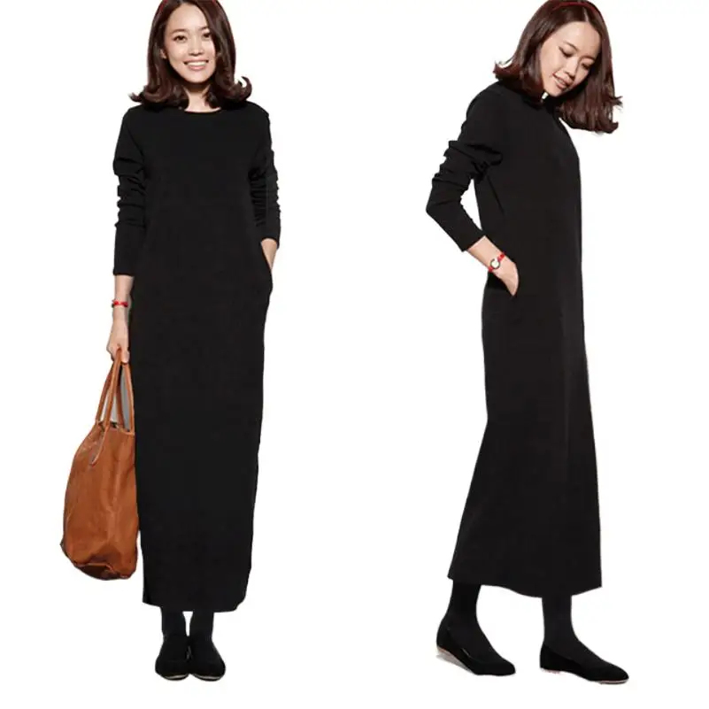 

2024 Autumn Winter Cotton Straight Dress Women Pullover Long Maxi Dress Full Sleeves O-Neck Dresses Vestisos robe femme longue