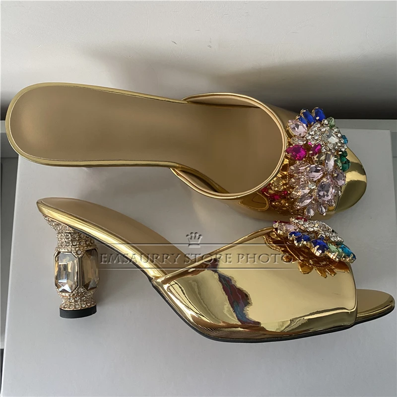 Colorful Rhinestone Buckle Decor Sandals Women Luxury Patent Leather Slingbacks Diamond Heel Summer Shoes For Girls