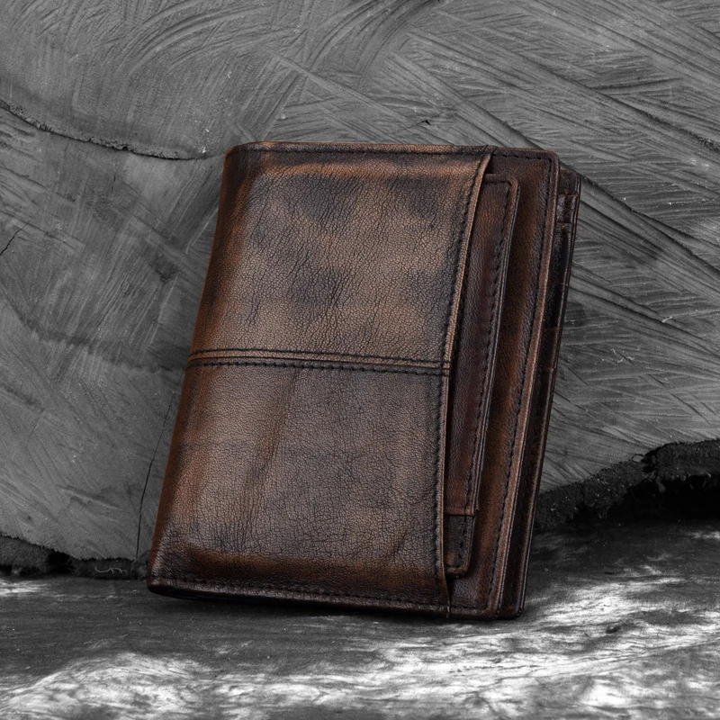 Retro Western Style Men's Slim Vertical Wallet - Genuine Leather Card Holder Short Design