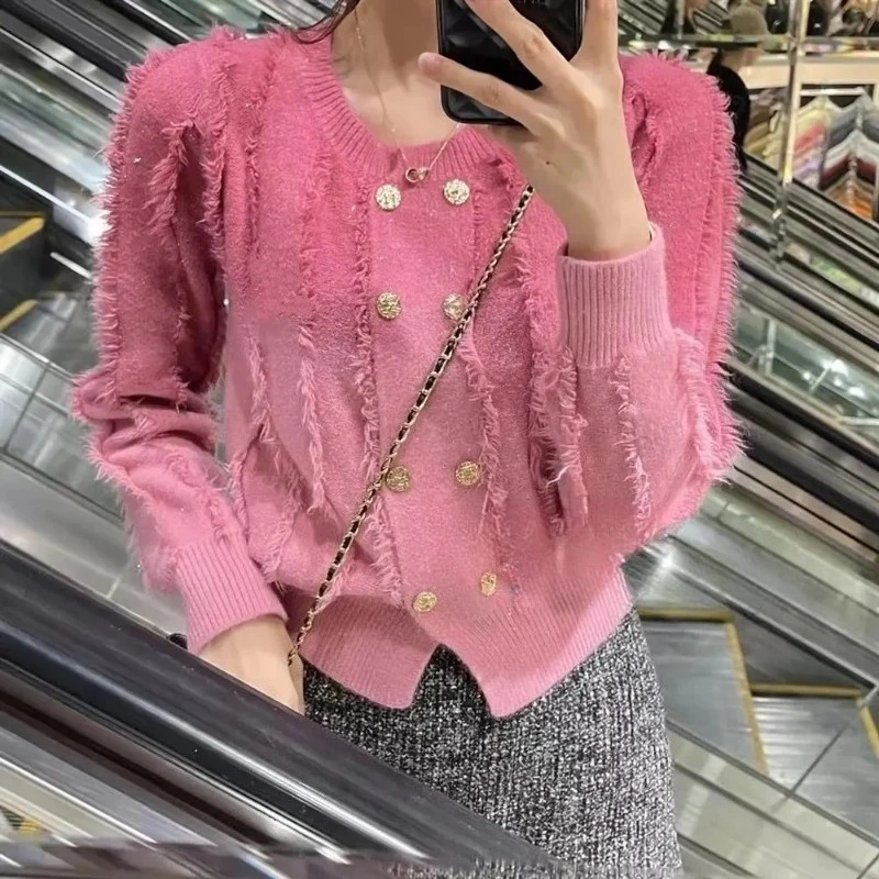 Women's Autumn Winter Top Coat Cardigan Fringe V-neck Knitted Retro Simple Design Fashion Advanced Soft Niche Versatile Skinny