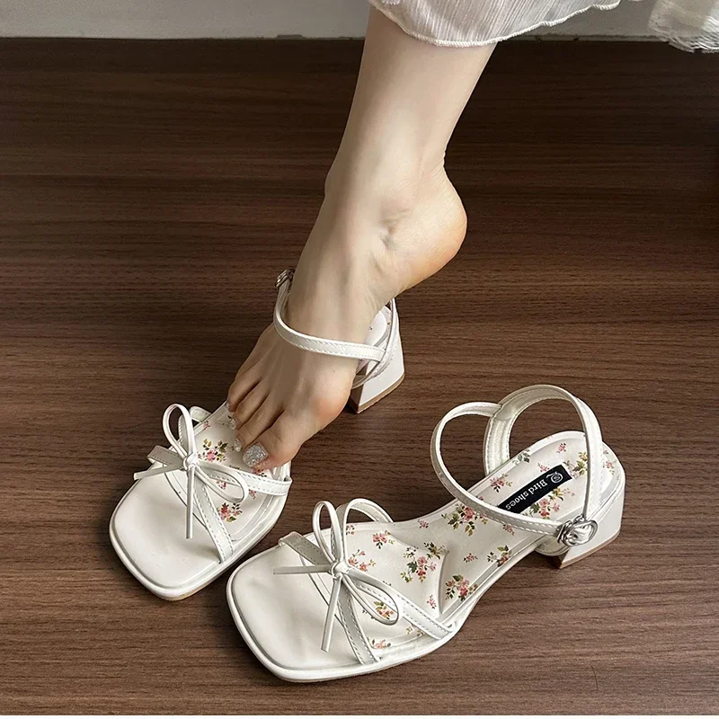 2026Summer Butterfly-knot Thick Heel Women Sandals Fashion Floral Ladies Outdoor Dress Gladiator Sandalias