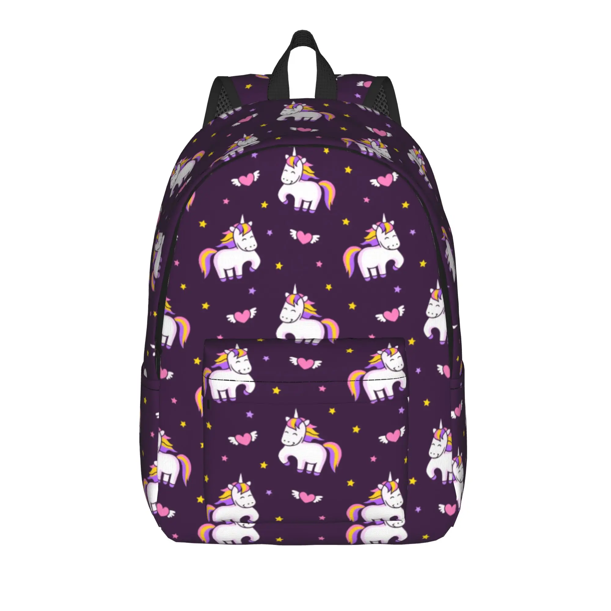 Magic unicorns and flying hearts on a dark night  Backpack  Boy Girl Polyester Outdoor Style Backpacks High School Bags Rucksack