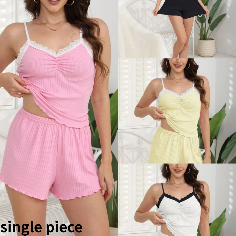 

Лето 2026, новый стиль, полосатый камзол с v-образным вырезом и кружевной отделкой, сексуальная пижама в европейском и американском стиле, домашняя одежда, комплект из двух предметов