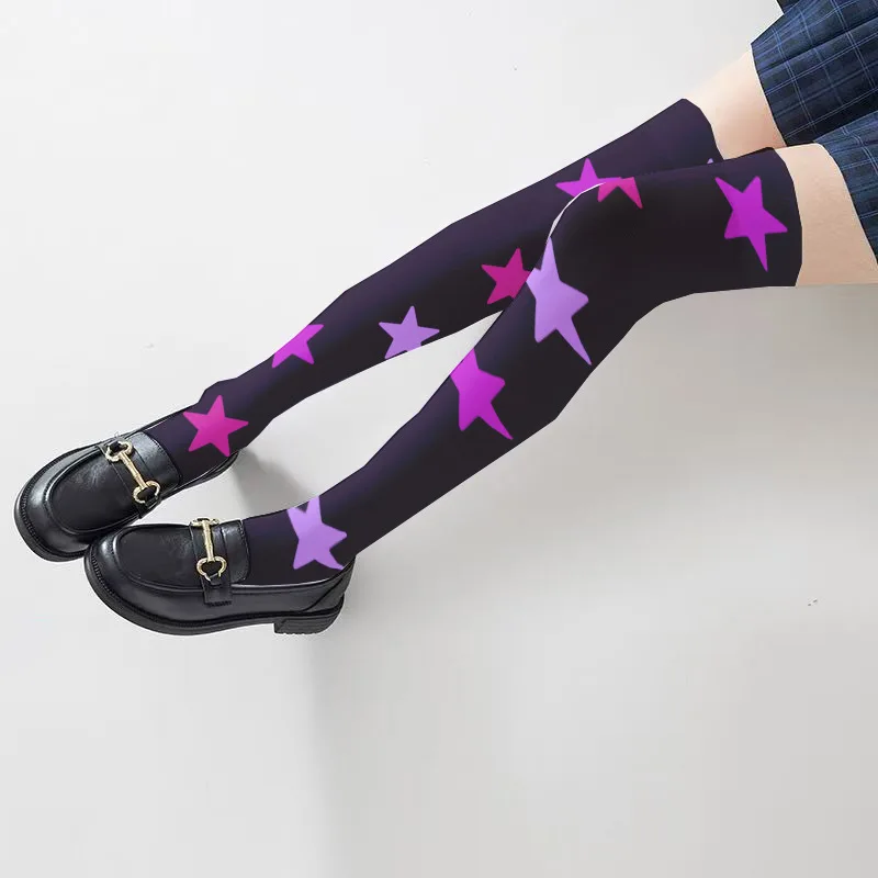 2026 Japanese multicolored pentagram purple printed knee high socks paired with cute Lolita cosplay dress for girls