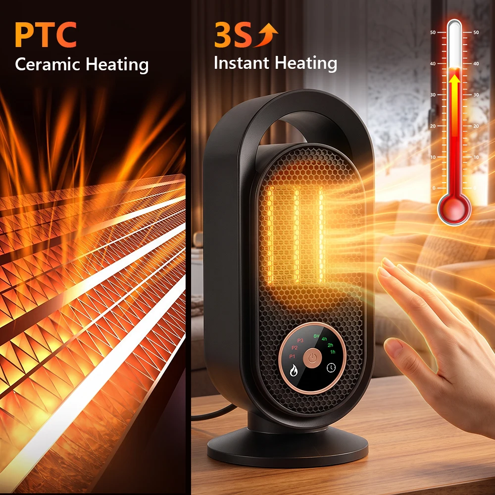 Electric Heater with Touch Control, PTC Ceramic Fast Heating, 3 Speeds 4 Timers, Energy Efficient Desk Warmer for Home Office