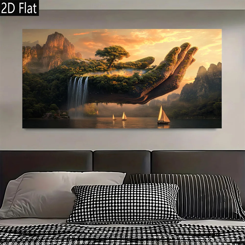 1pc frameless Canvas Painting 2D Flat 1pc Large Vintage Fantasy Waterfall Island Canvas Wall Art, Frameless Abstract Wall Art Pr