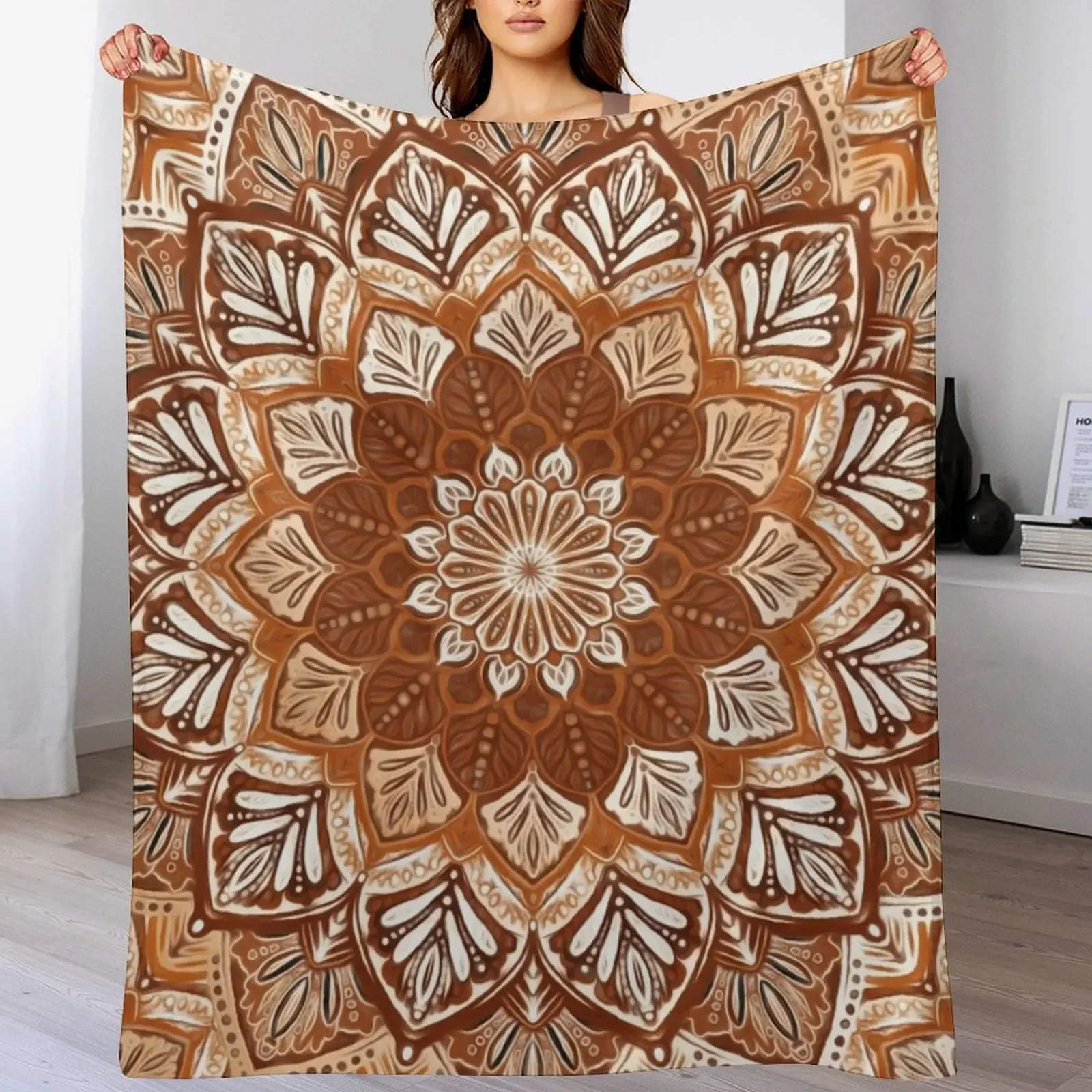 Boho Mandala in Monochrome Brown and Cream Throw Blanket Fluffy Cozy Throw Blanket for Home Decor