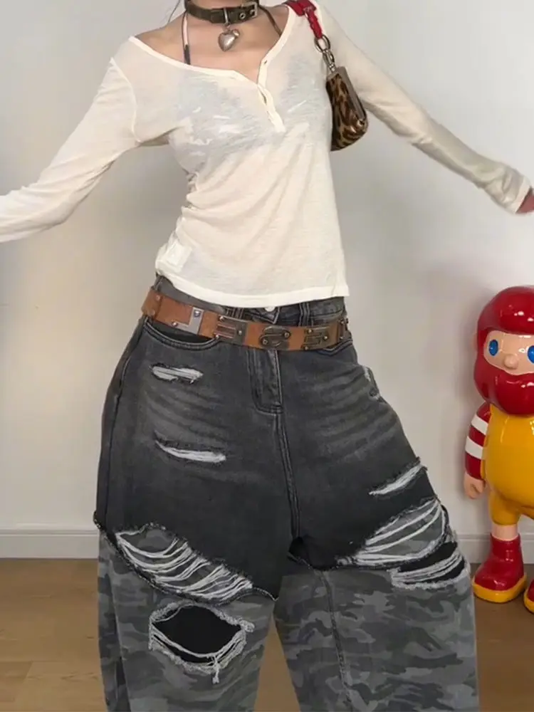 Schwarze und graue gespleißte Camouflage-zerrissene Jeans für Damen Y2k American Retro Washing Frühling und Herbst Neue Bodenhosen mit hoher Taille