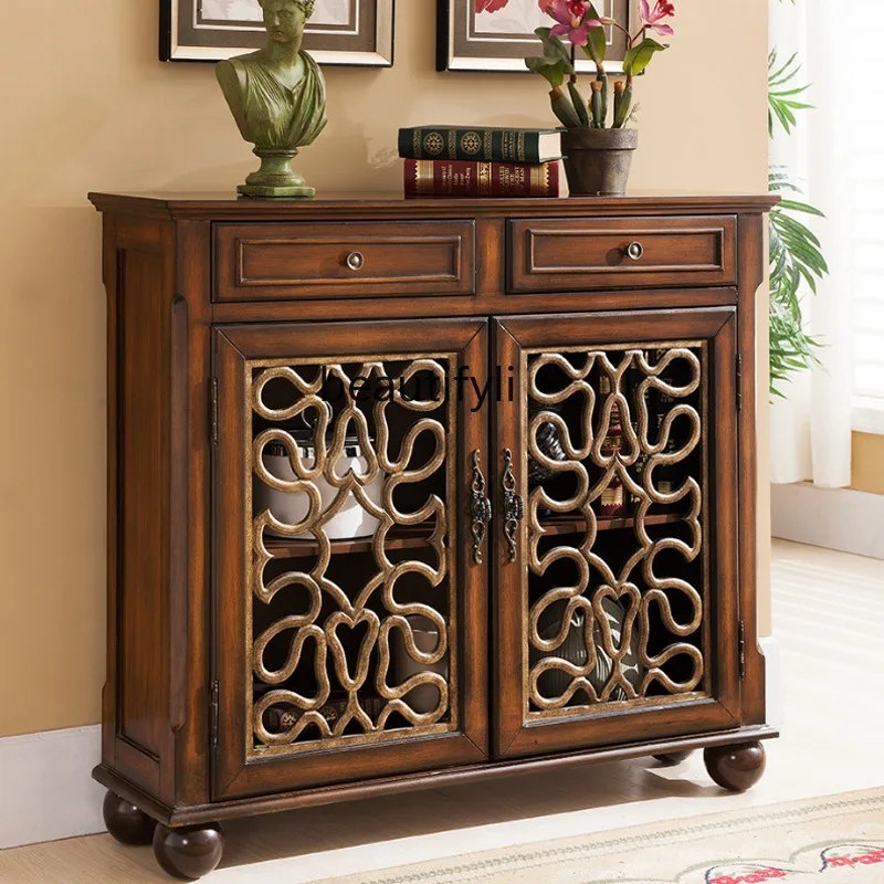American rural foyer entrance cabinet European living room hollow decoration solid wood storage door partition cabinet