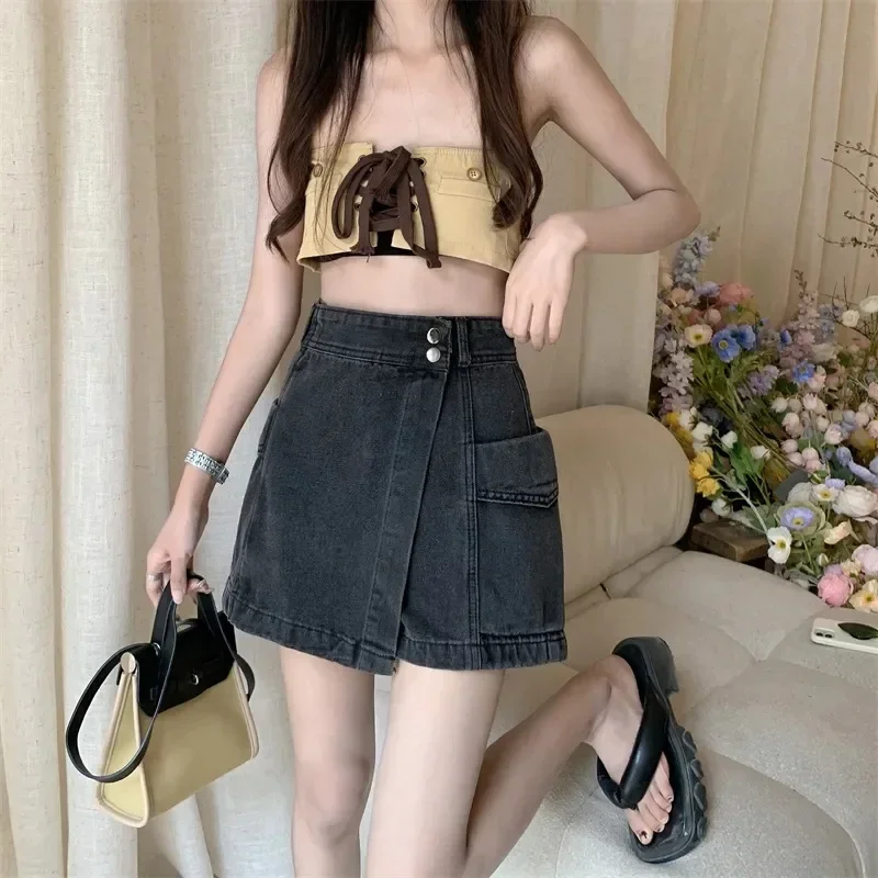 Korean Style High Waist Skirt Shorts Women 2025 New Summer Pockets Denim Shorts Woman Double Button A Line Skirt Pants Female