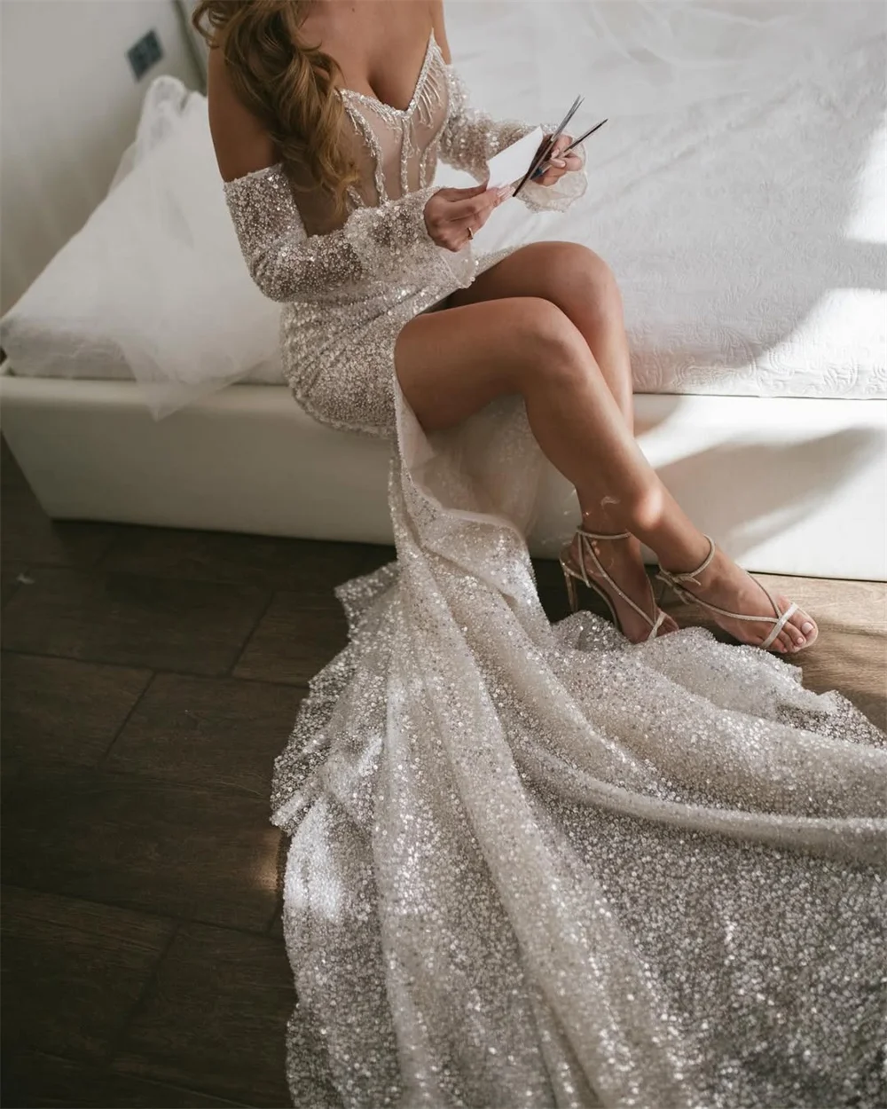 Tóquio personalizado lado branco alta divisão vestido de casamento sem alças mangas destacáveis tribunal trem vestido de noiva sereia vestido de casamento