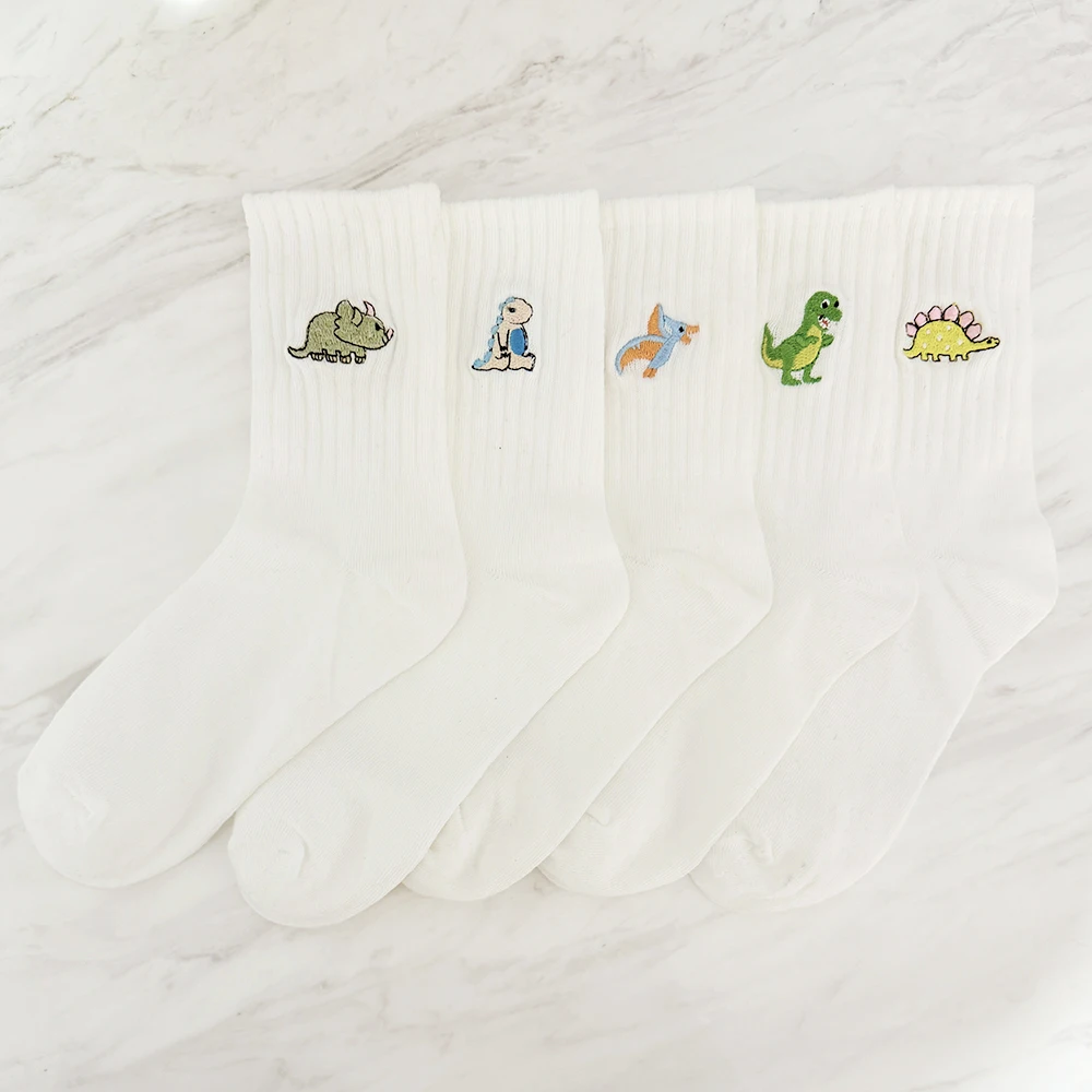 5 Pairs/Pack Cute Women Embroidery Dinosaur Socks White Lovely Cartoon Animal Vintage Shortnovelty Crazy Funny Cozy Socks image 2