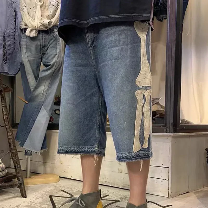 

Japan KAPITAL Loose Casual Pants Embroidered Bone Wash Water Distressed Raw Hem Denim Shorts for Men